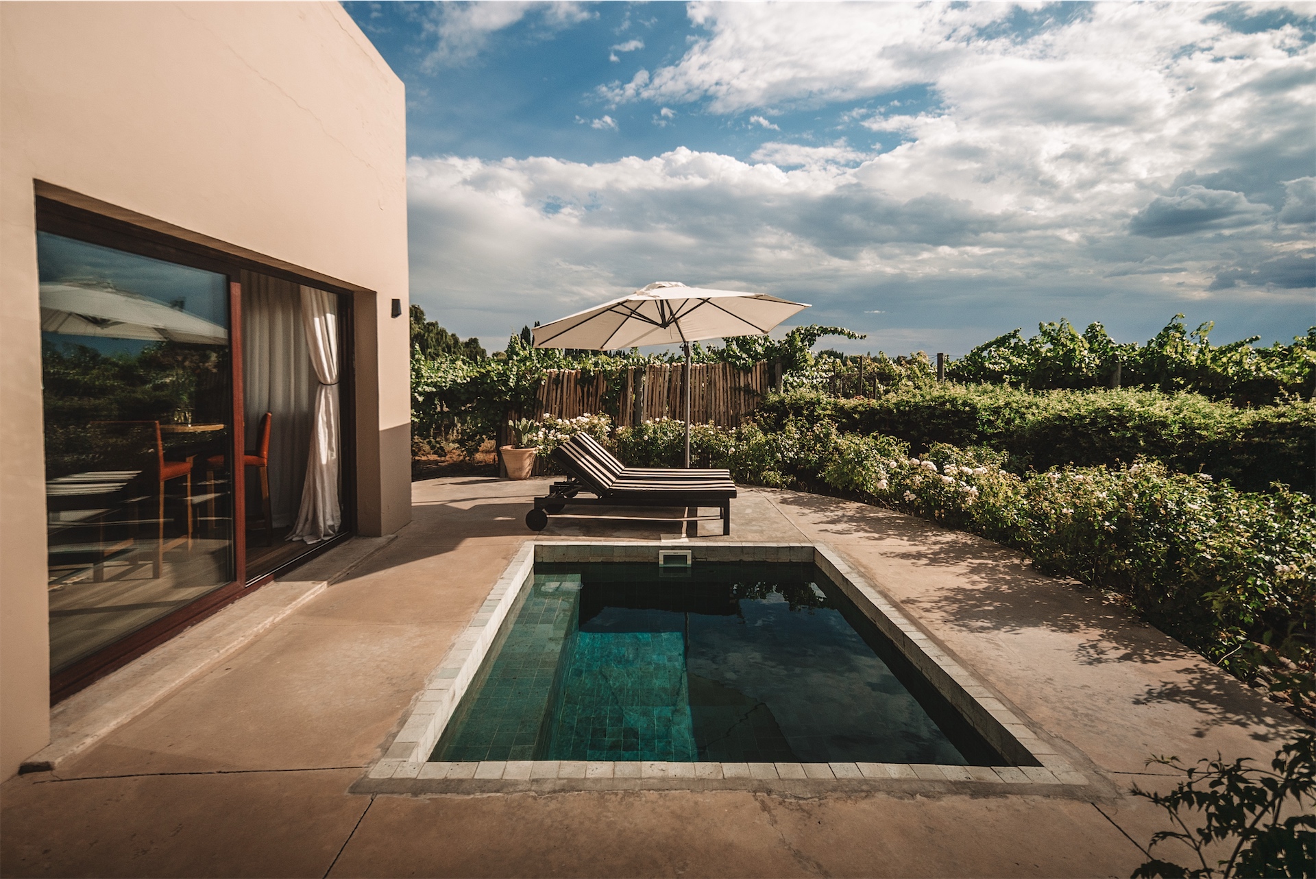 Private villa plunge pool at Awasi Mendoza with sun loungers and vineyard surroundings.