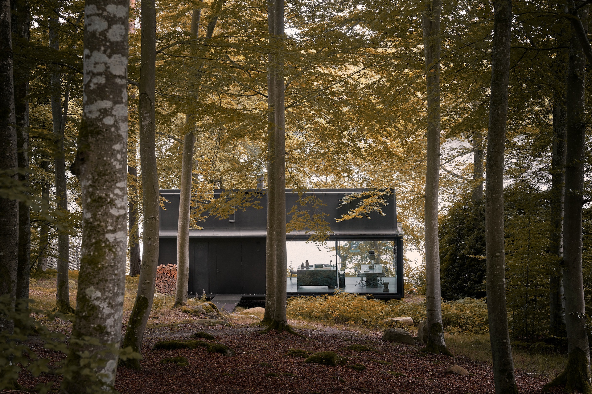 Kitchen island overlooking lake through glass walls at Vipp Shelter.