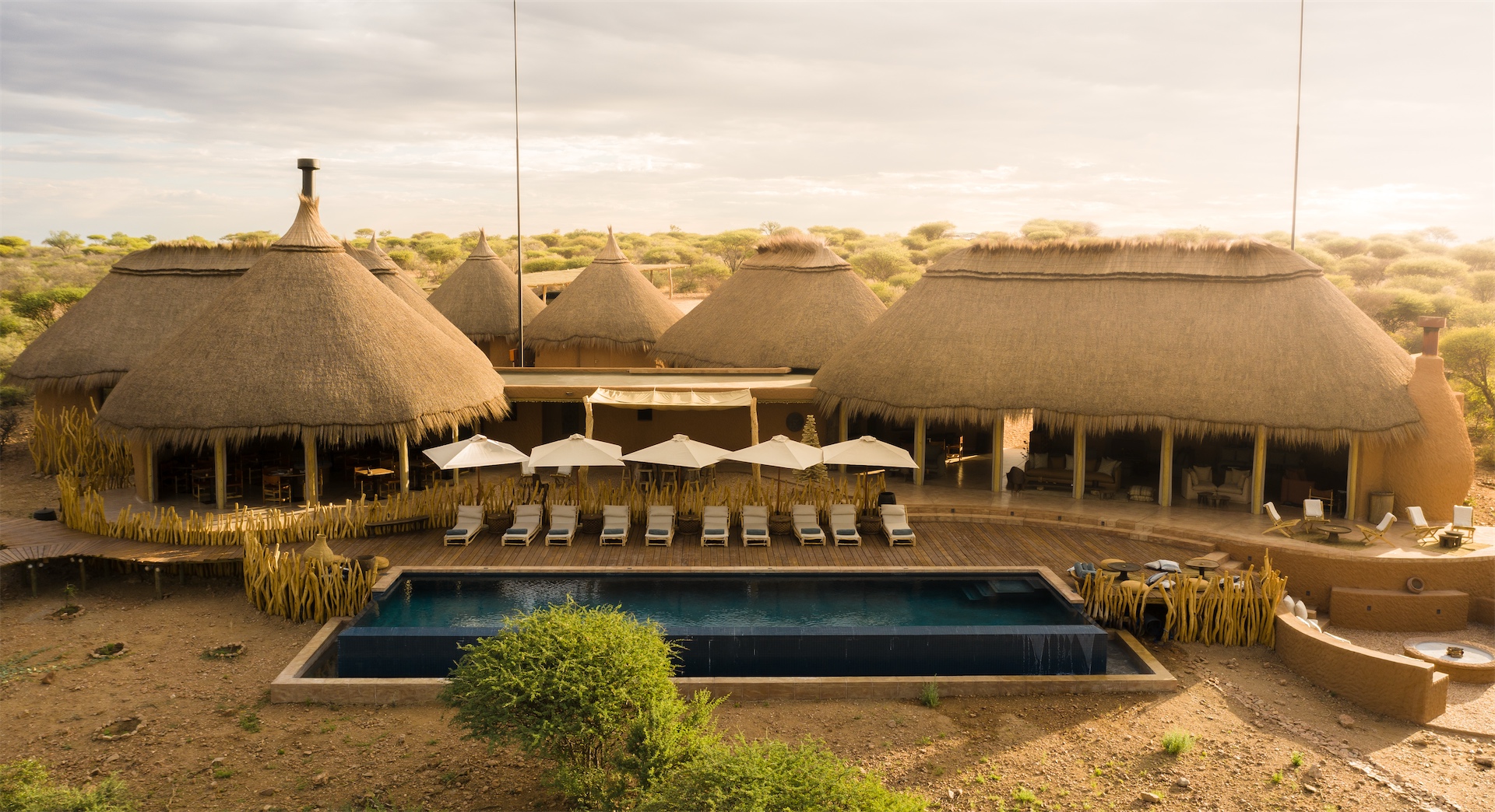 Aerial view of the main lodge and pool at Zannier Omaanda.