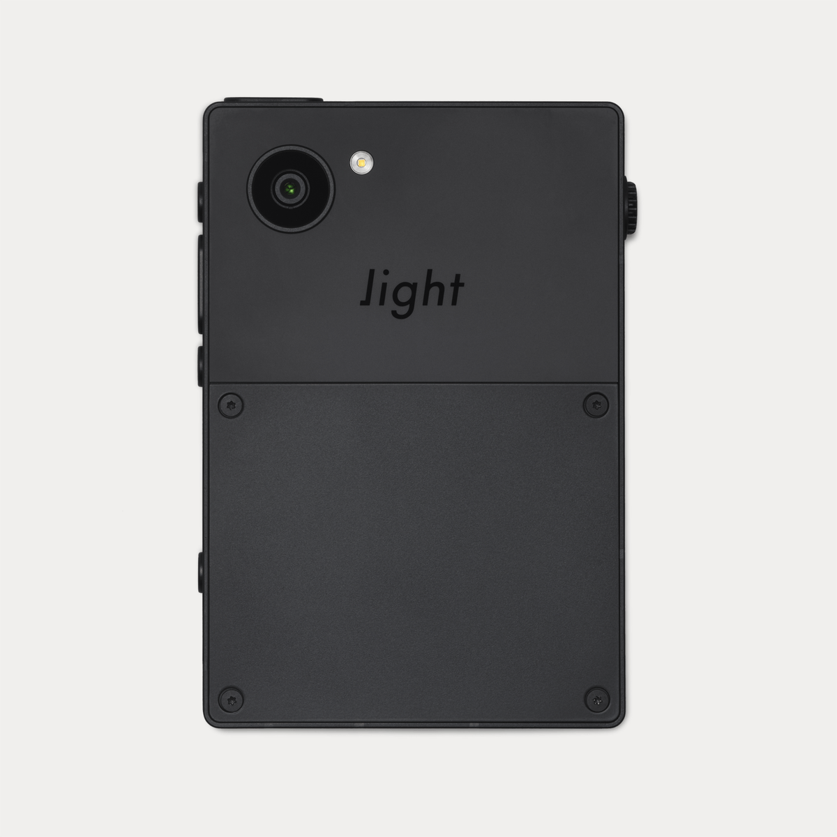 Back of Light Phone 3 black minimalist phone with single camera lens and flash.