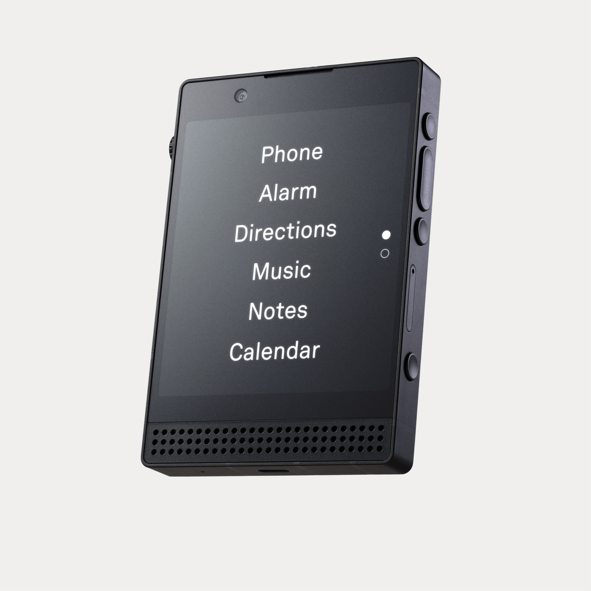 Light Phone 3 black minimalist mobile phone displaying simple menu with phone, alarm, directions, music, notes and calendar.