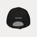 Black dad hat back view with adjustable strap and Here & Away design