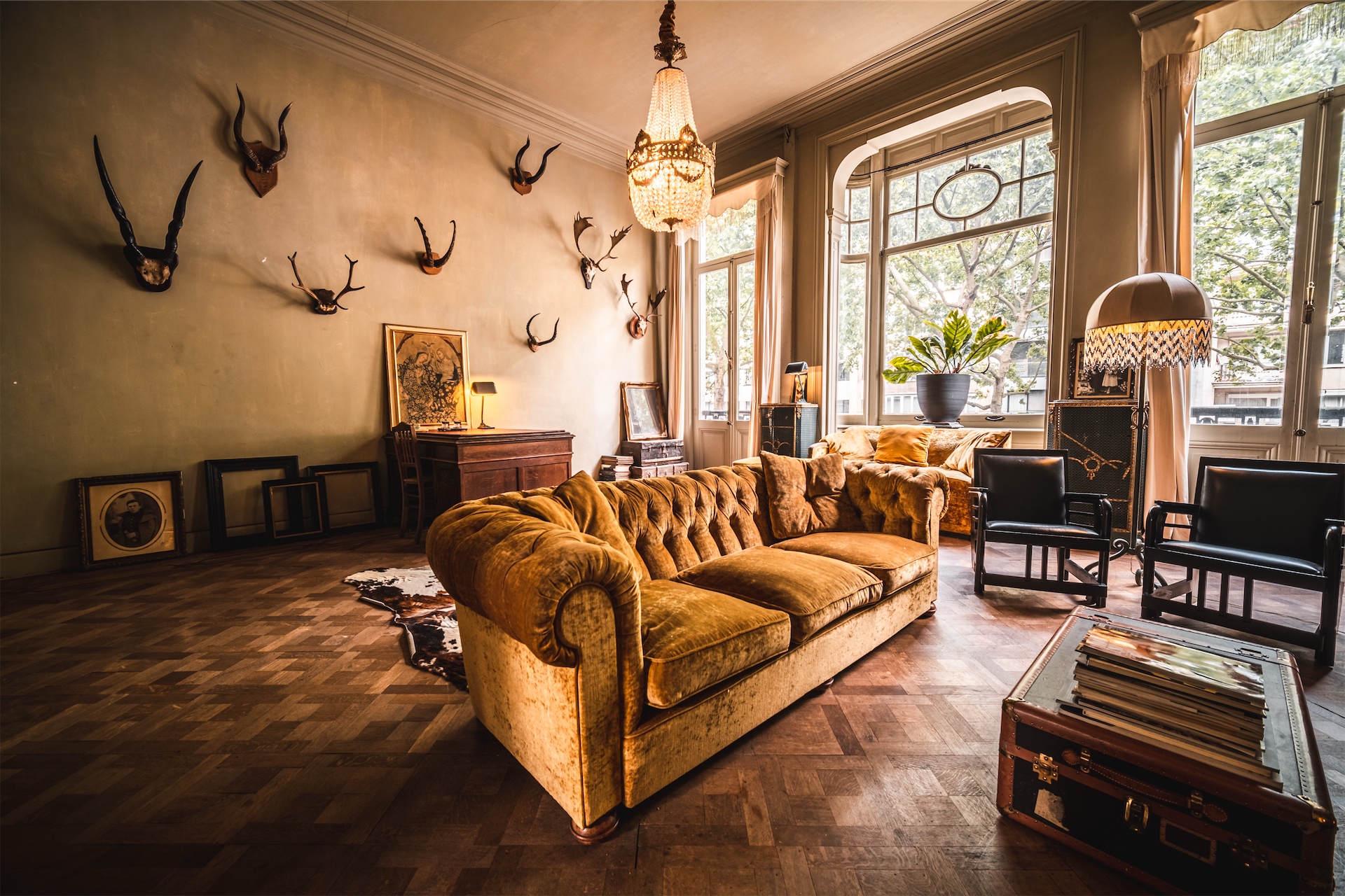 Living room at Boulevard Leopold with velvet sofas, parquet flooring, mounted objects on the walls, a fireplace, and tall windows.