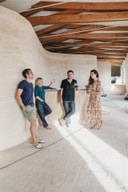 A quiet moment during the restoration of Son Blanc, with Benoît Pellegrini, Benedicta Linares Pearce, and architects Anne-Cécile Comar and Philippe Croisier of Atelier du Pont.. Photography courtesy of Son Blanc.